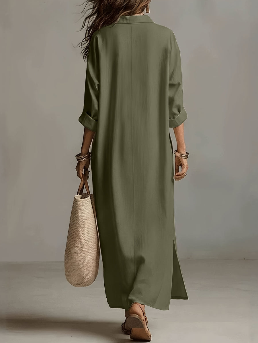 Autumn Casual Solid Color Lazy Style Long Sleeve Shirt Dress for Women, Double Pocket Design, Loose Fit with Side Slit Long Dress, Adds a Touch of Vintage Charm, Moderately Thick, Breathable, Skin-Friendly, and Soft Fabric, Versatile Style - Military Green