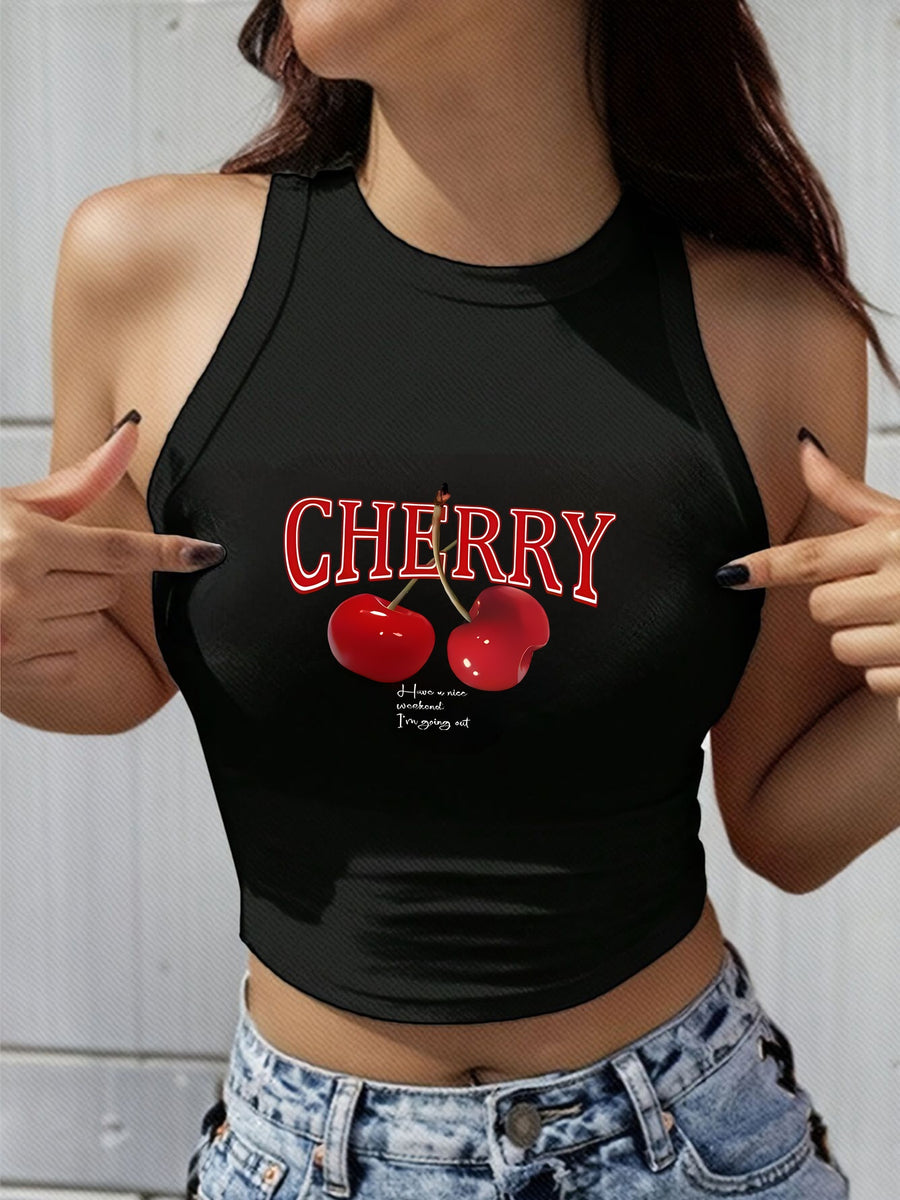 Women's Y2K Elegant Fashion Autumn/Summer Round Neck Tank Top, Cherry Print, Soft Fabric, Machine Washable Comfortable Knitwear, Trendy Four-Season Sexy Street Style, Popular Loose-Fit Comfortable Multi-Color Breathable Trendy Casual Top - Black