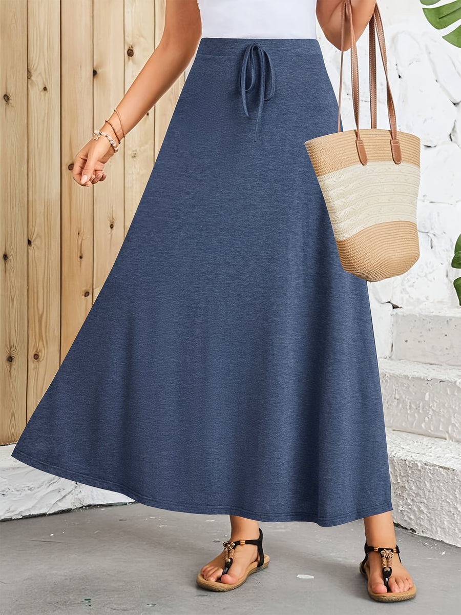 Elegant High-waisted Skirt with Faux Drawstring - Solid Color - Sea Blue