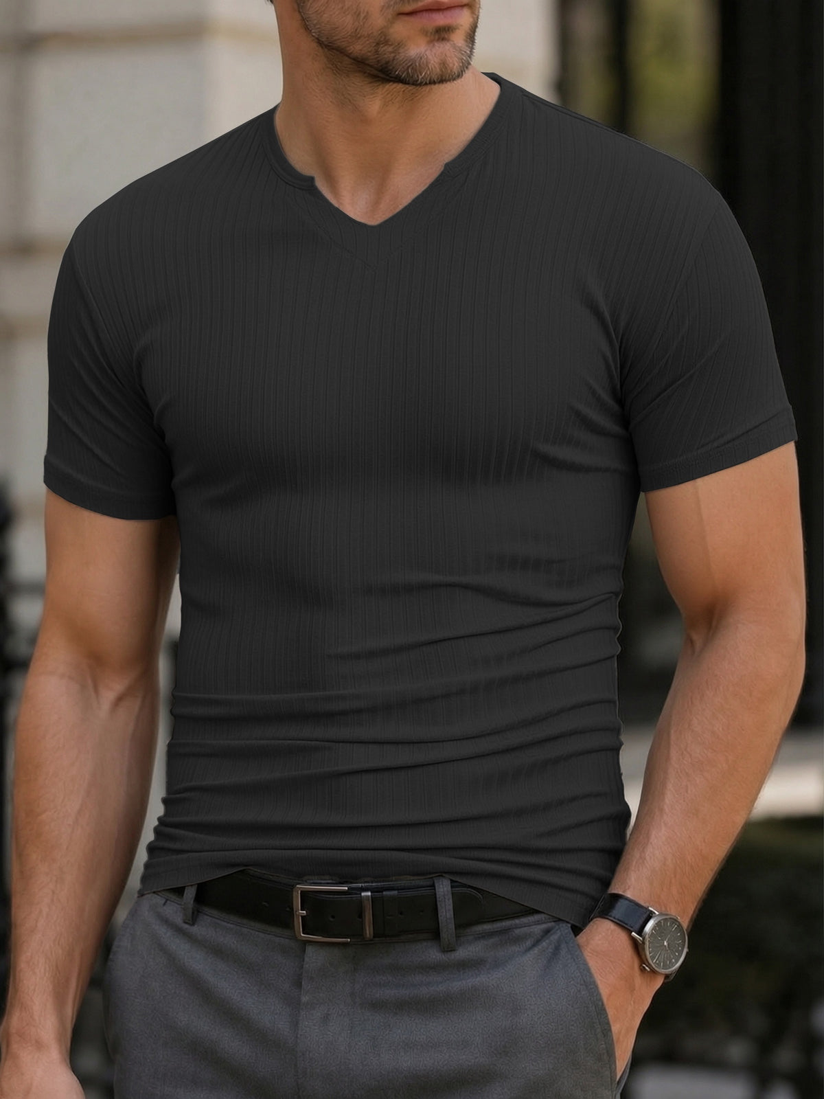 [Qiaoximei OBM] Pinstripe Henley Shirt, Solid Color Easy Casual T-Shirt, Comfortable Soft Breathable Fabric, Suitable for Men'S Daily Work And Beach Vacation Wear, Fashionable Athletic Clothing - Black
