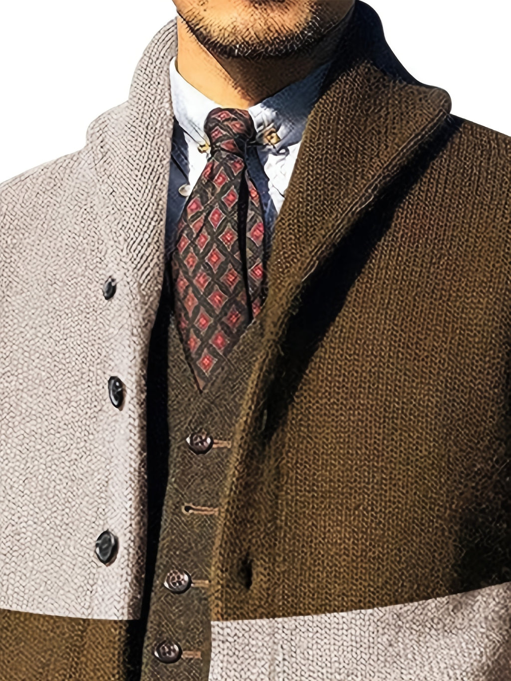 Men's Autumn and Winter New Style Lapel Single Breasted Cardigan Color Blocked Fashionable Casual Business Versatile Slim Fit Skin Friendly Comfortable Soft Warm Long Sleeved Pocket Durable Sports Vitality Simple Knitted Sweater - Light Grey