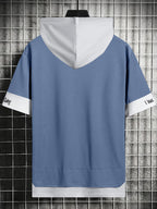 Color-Block Hooded Men'S Casual Letter Print Faux Two-Piece Short Sleeve T-Shirt - Blue