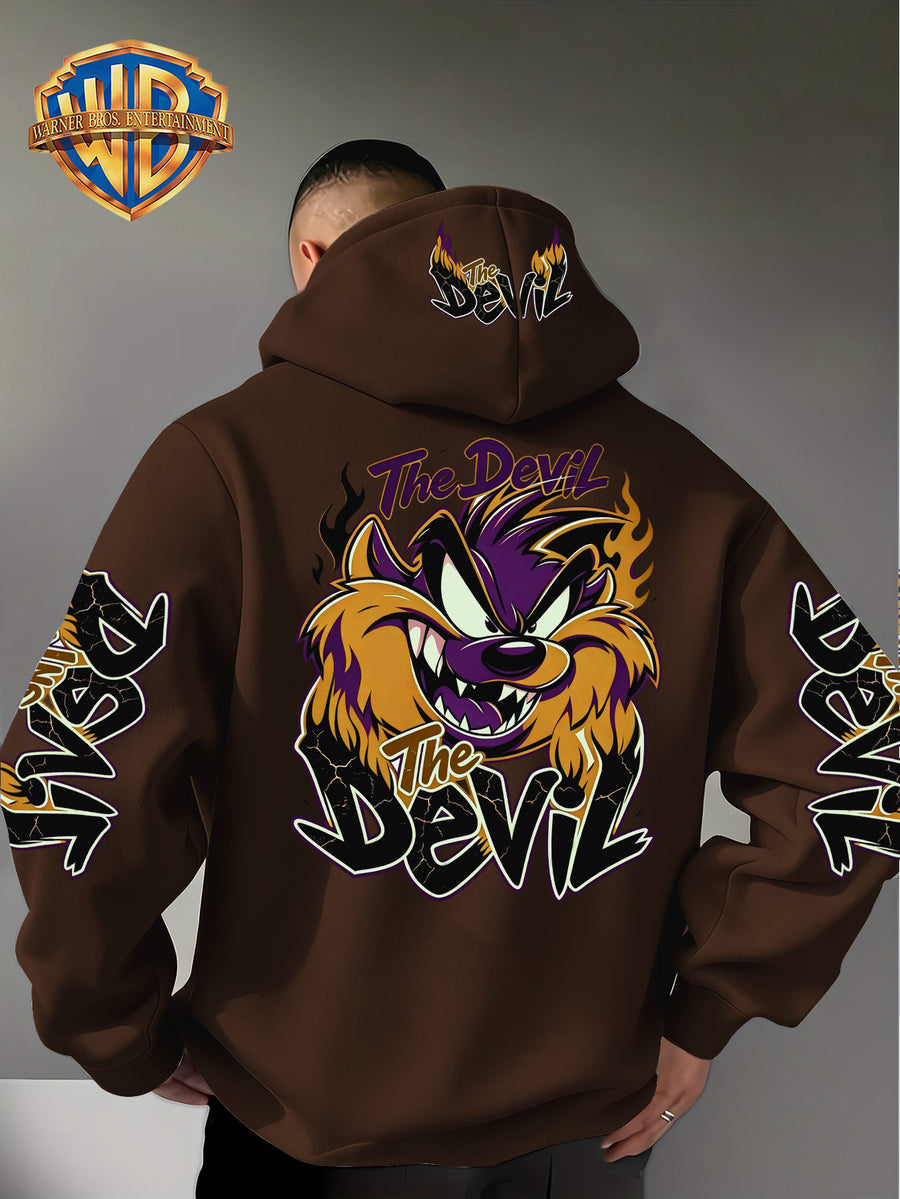 Le Yitong Big Mouth Monster The Devil Flame Print Hooded Sweatshirt, with Sleeve Print Design, Kangaroo Pouch And Drawstring Hood, Suitable for Autumn/Winter Casual Wear And Outdoor Activities - Coffee Color