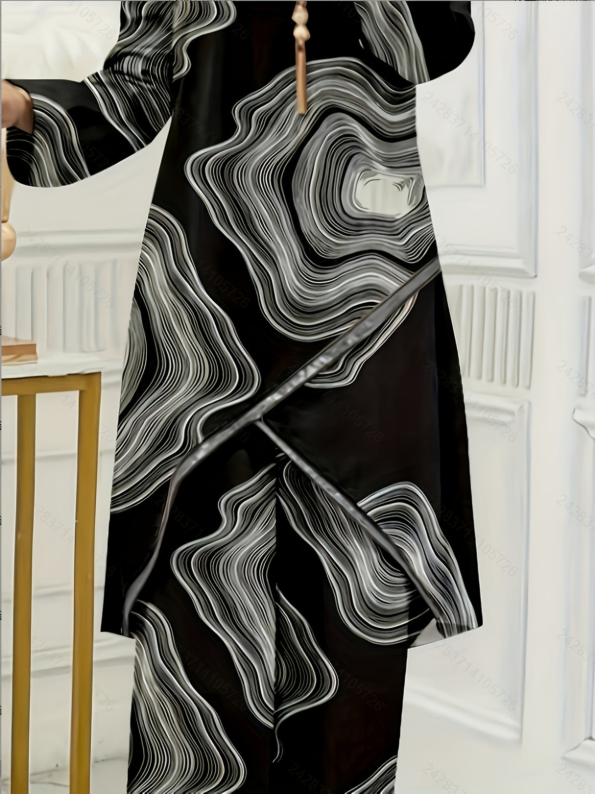 Ladies' Elegant Shirt and Wide-leg Pants Set, Paired with Beaded Necklace, Featuring Long-sleeve Design and Loose-fitting Pants, Ideal for Formal Occasions and Suitable for All Seasons. Made of Polyester Fabric, Perfect for Formal Wear - Black Circle