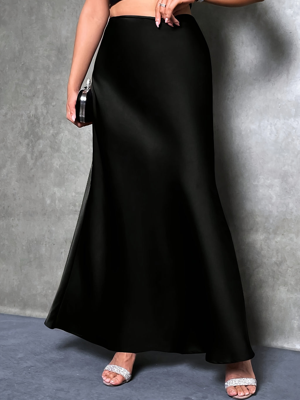 Women's High-Waisted Solid Color Elegant Satin Skirt, Suitable for Date, Party, Gift, All Season - Black