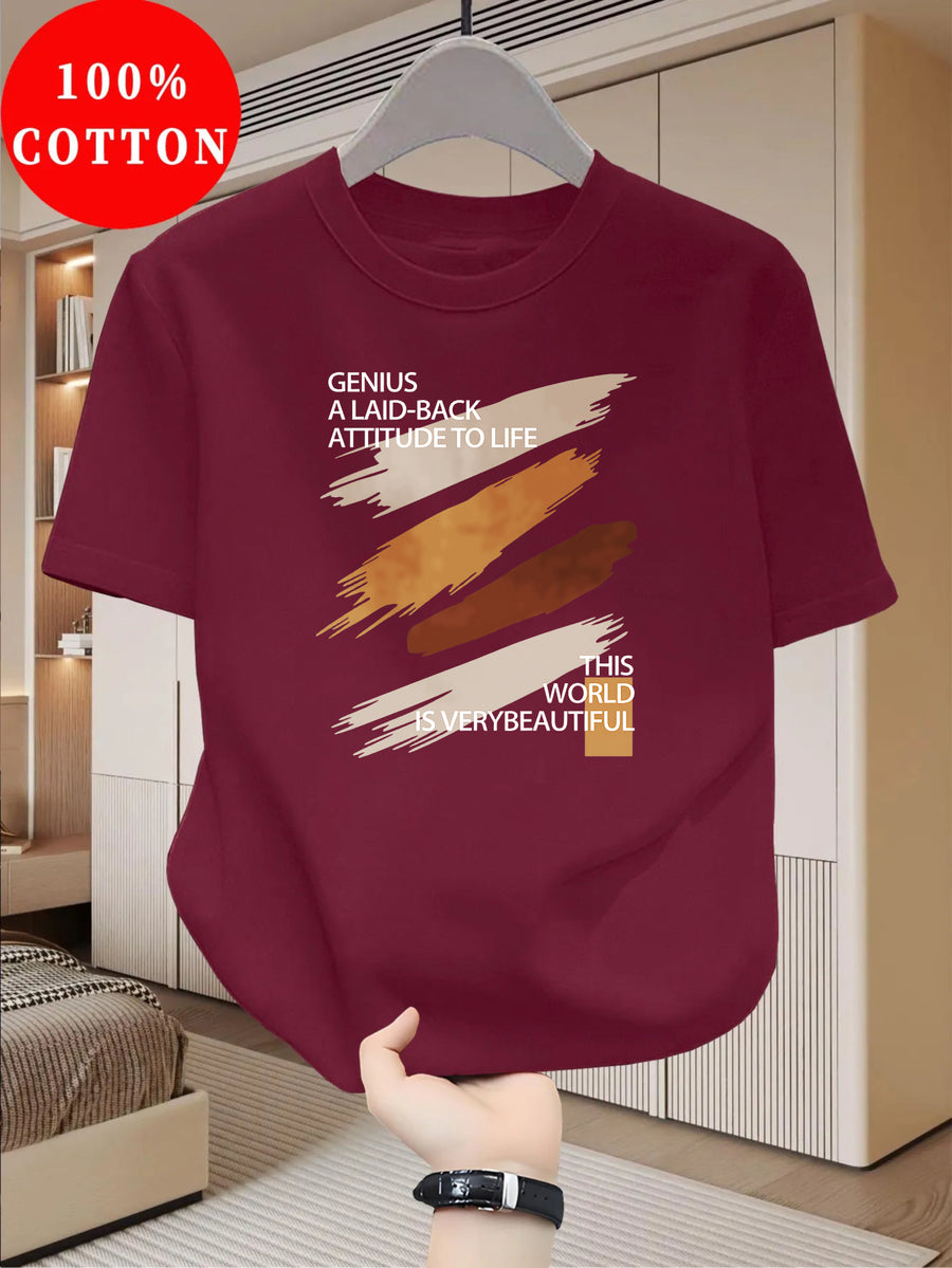 100% Cotton Men's T-Shirt, Summer Short Sleeve Thin Top, Trendy Fashionable Slim Fit, Simple and Casual, Versatile for Daily Wear, Artistic Brushstroke English Print with  Slogan Pattern - Burgundy