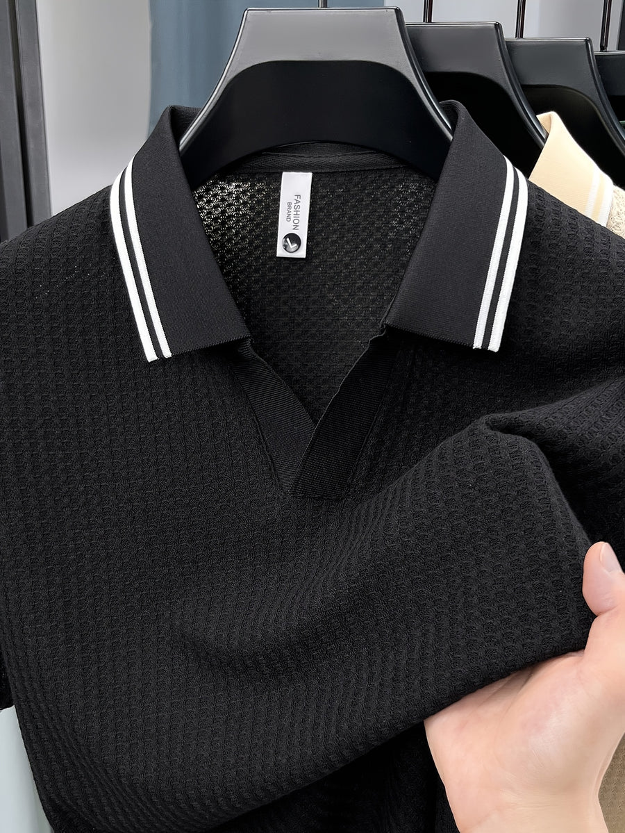 Men'S Scissor Collar Sweater, Summer Short Sleeve Breathable Knit Top, Contrast Striped Collar Design, Casual Knit Top, Summer Thin Breathable V-Neck Short Sleeve T-Shirt, Men'S Top - Black