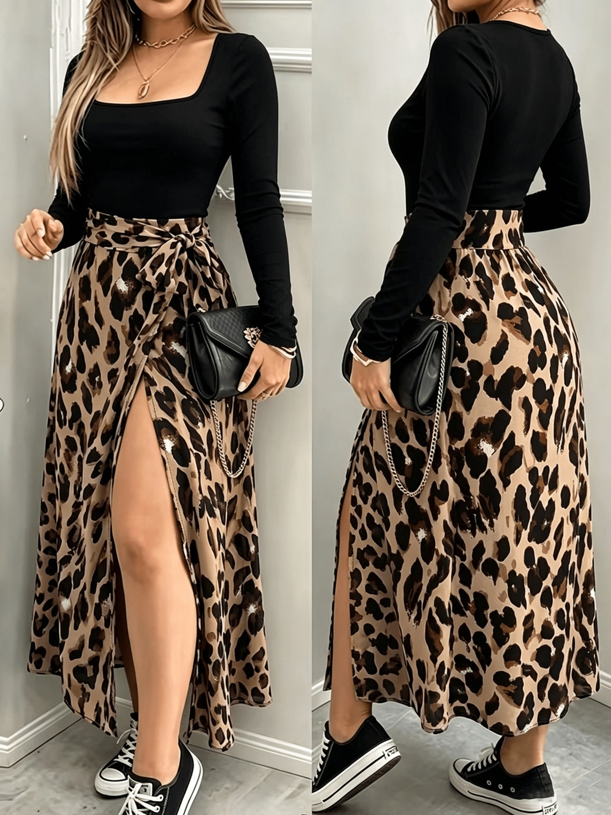 High-Waist Slit Leopard Print Long Skirt And Long Sleeve Fitted Square Neck T-Shirt 2pcs Set, Party Casual Outing Commute, Back to - Mixed colors