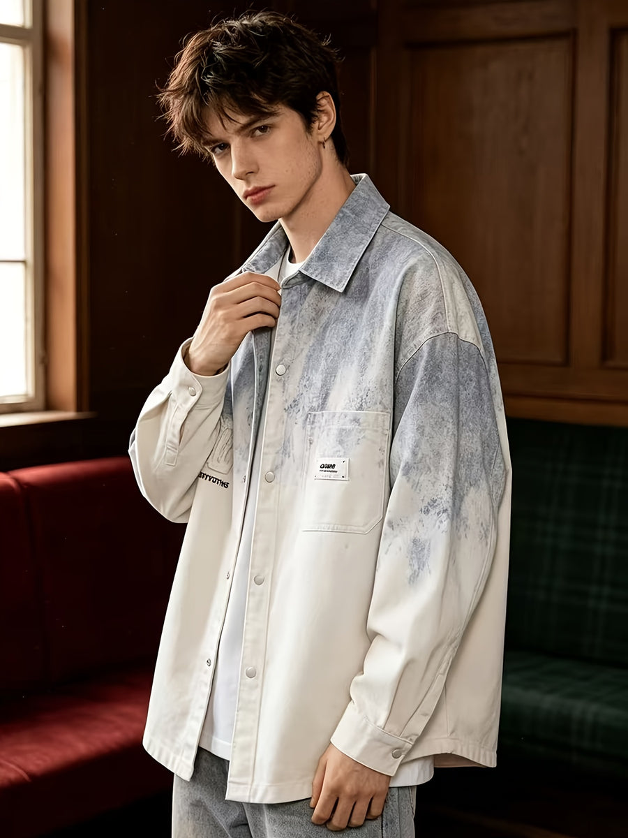 [Pearson OBM] Faux Denim Jacket Outerwear Gradient Long Sleeve Cardigan Couple Style Versatile Top Long Sleeve Shirt - Blue