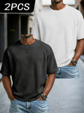 Men'S 2 pc Waffle Knit T Shirts Short Sleeve Crew Neck, Breathable Textured Fabric Casual Tops, Lightweight Soft Comfortable Fit, Ideal for Daily Wear, Travel, Street Fashion And Warm Weather Style - Black+White