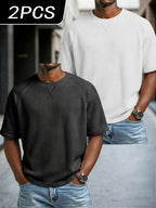 Men'S 2 pc Waffle Knit T Shirts Short Sleeve Crew Neck, Breathable Textured Fabric Casual Tops, Lightweight Soft Comfortable Fit, Ideal for Daily Wear, Travel, Street Fashion And Warm Weather Style - Black+White