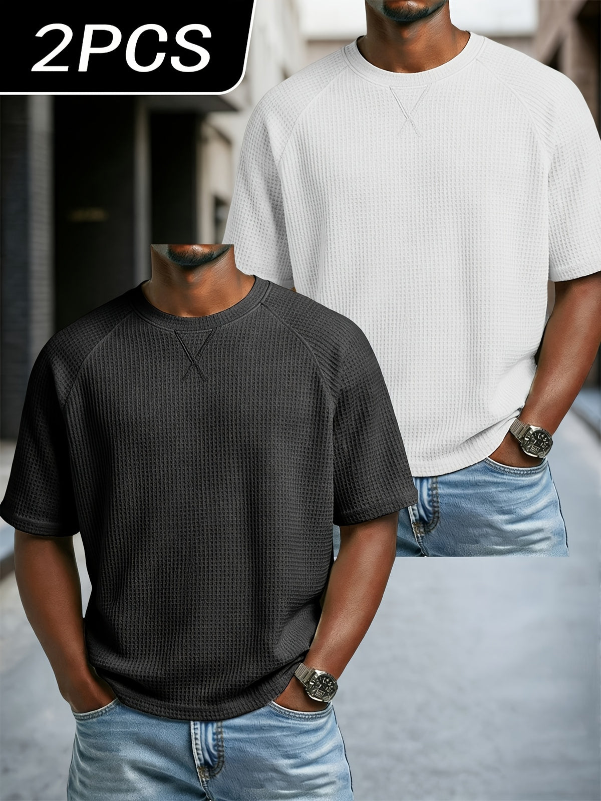 Men'S 2 pc Waffle Knit T Shirts Short Sleeve Crew Neck, Breathable Textured Fabric Casual Tops, Lightweight Soft Comfortable Fit, Ideal for Daily Wear, Travel, Street Fashion And Warm Weather Style - Black+White