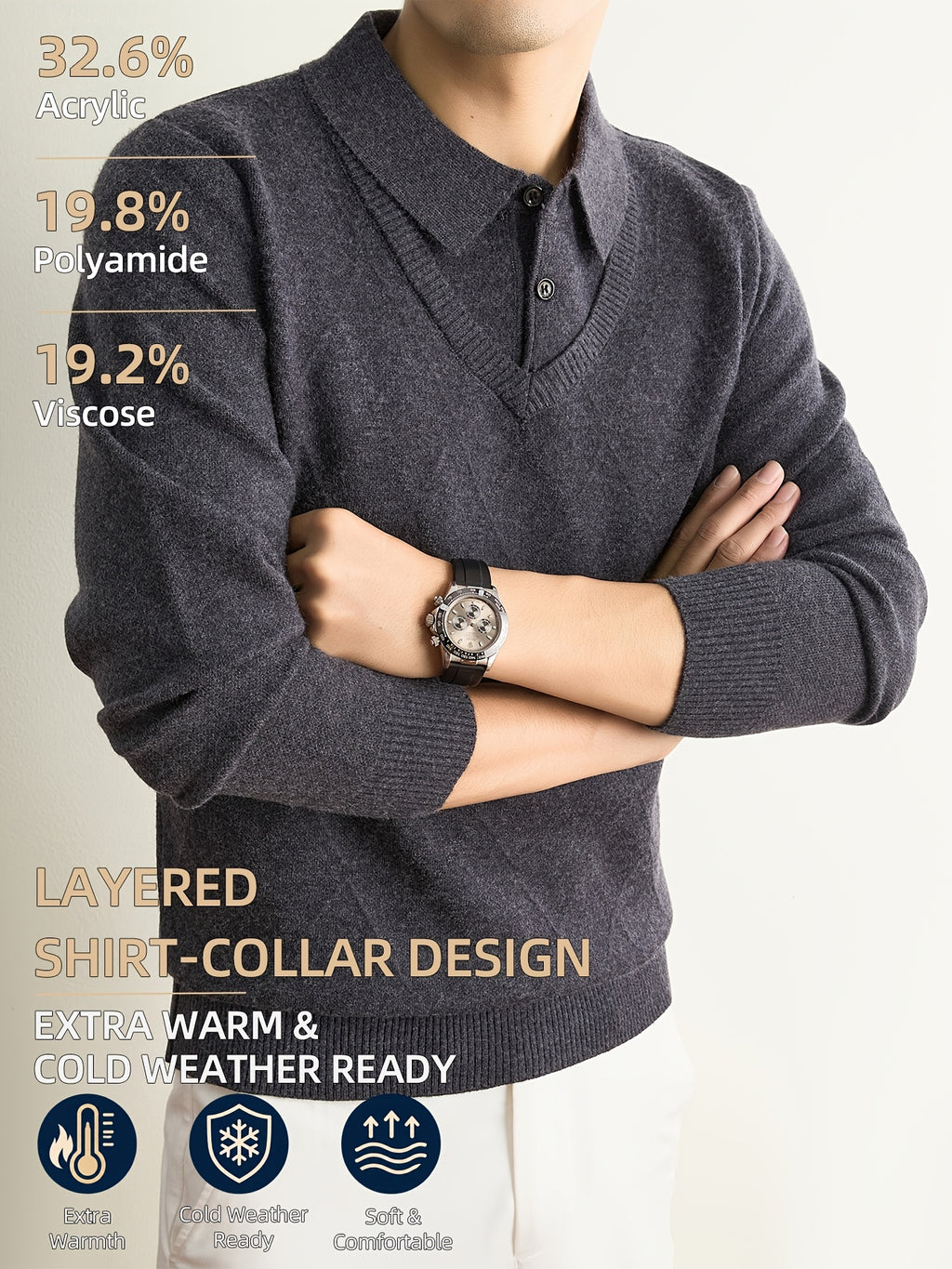 Men's Grey Polo Sweater, Faux 2pcs Shirt-Collar Design, V-Neck & Subtle Diamond Knit Pattern, Classic Refined Style, Warm Autumn Winter Pullover for Casual Wear, Golf & Outdoor Activities - Dark Gray