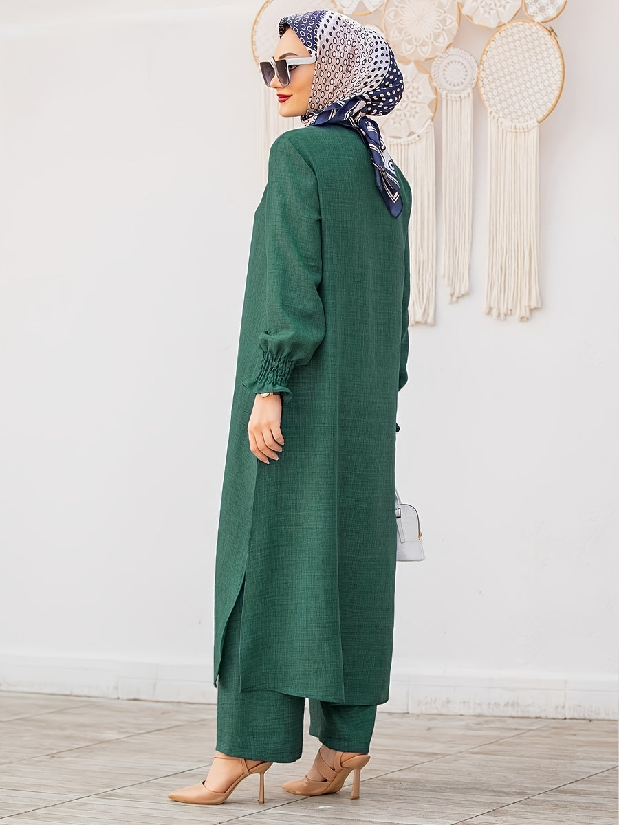 Elegant Pure Muslim Two-Piece Set for Ramadan in The Middle East - Stylish And Comfortable Design, Perfect for Everyday Wear And Home Relaxation (Without a Headscarf) - Dark Green