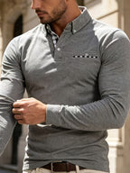 EnglishContrast Pocket Long Sleeve Collared Polo Stretch Slim Fit Business Casual Men T Shirt - Light Grey
