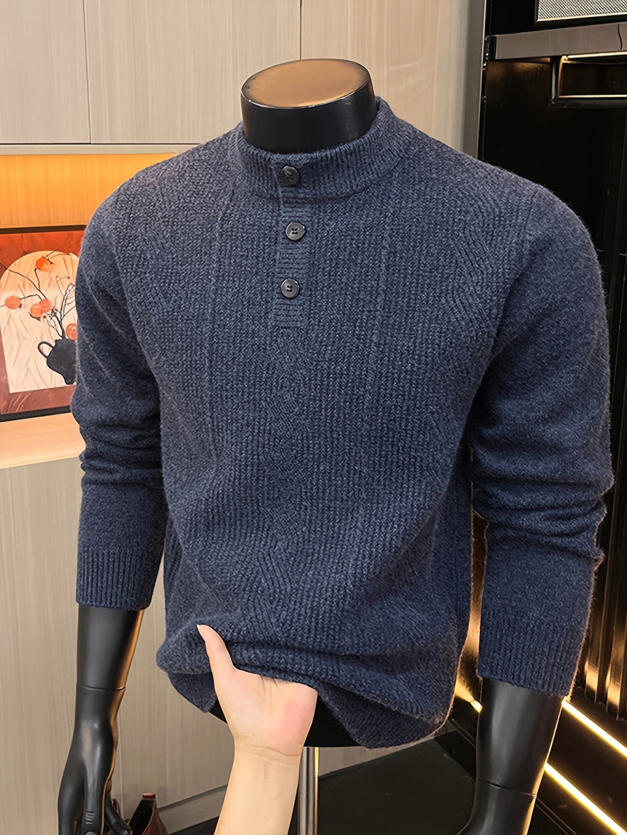 Spring And Autumn Men'S Half-Button Henley Collar Knit Sweater 3D Jacquard Texture Warm Easy And Atmospheric Middle-Aged Men'S Commuter Pullover - Deep Gray