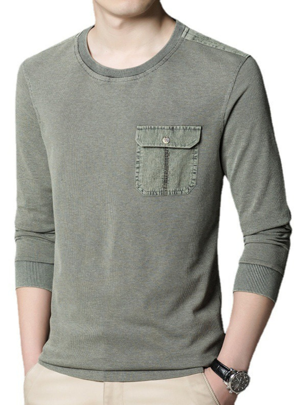 Men'S Round Neck Waffle Long Sleeve T-Shirt, Washed Distressed Craft Button Pocket Top, Comfortable Breathable Casual All-Match - Gray Green