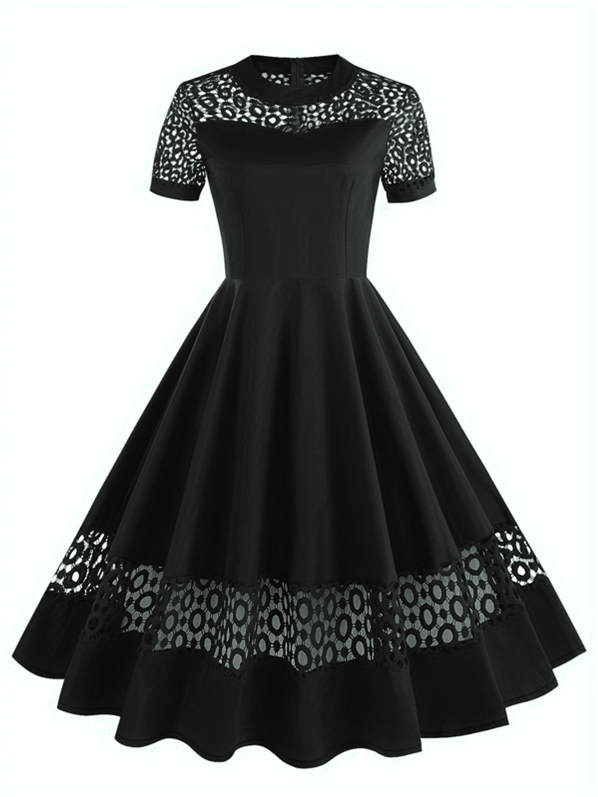 Vintage 50s Women's Dress with Round Neck, Lace Trim, and Short Sleeves - Black