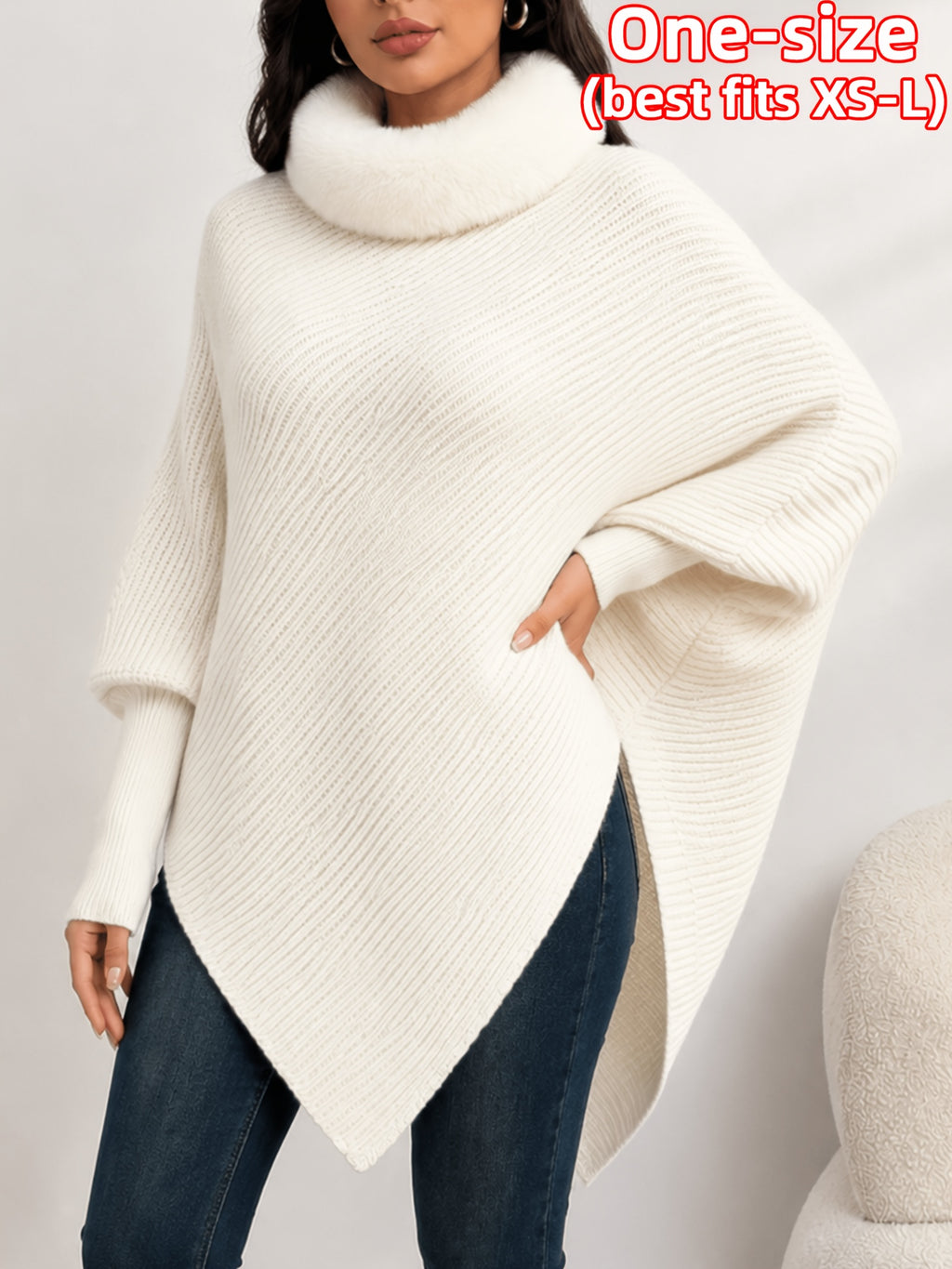 Elegant Special "Clean Line Bust" Casual and Elegant Solid Color Batwing Sleeve Textured Ribbed Crew Neck Detachable Collar Shawl Cardigan for Women, Asymmetrical Hem Loose Pullover, Suitable for Autumn/Winter Layering, Versatile for Outdoor - White
