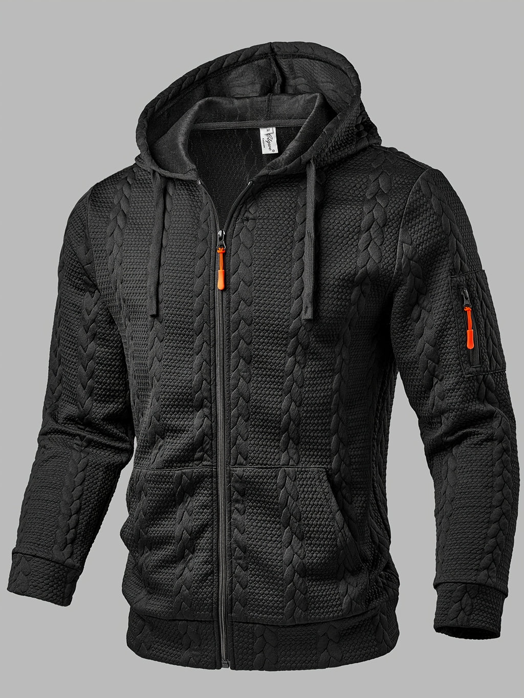 Men'S Fashion Outerwear, Autumn Winter Random Wheat Ear Textured Jacquard Fabric, Hooded Drawstring Long Sleeve with Arm Pockets And Patchwork Jacket - Black