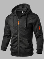 Men'S Fashion Outerwear, Autumn Winter Random Wheat Ear Textured Jacquard Fabric, Hooded Drawstring Long Sleeve with Arm Pockets And Patchwork Jacket - Black