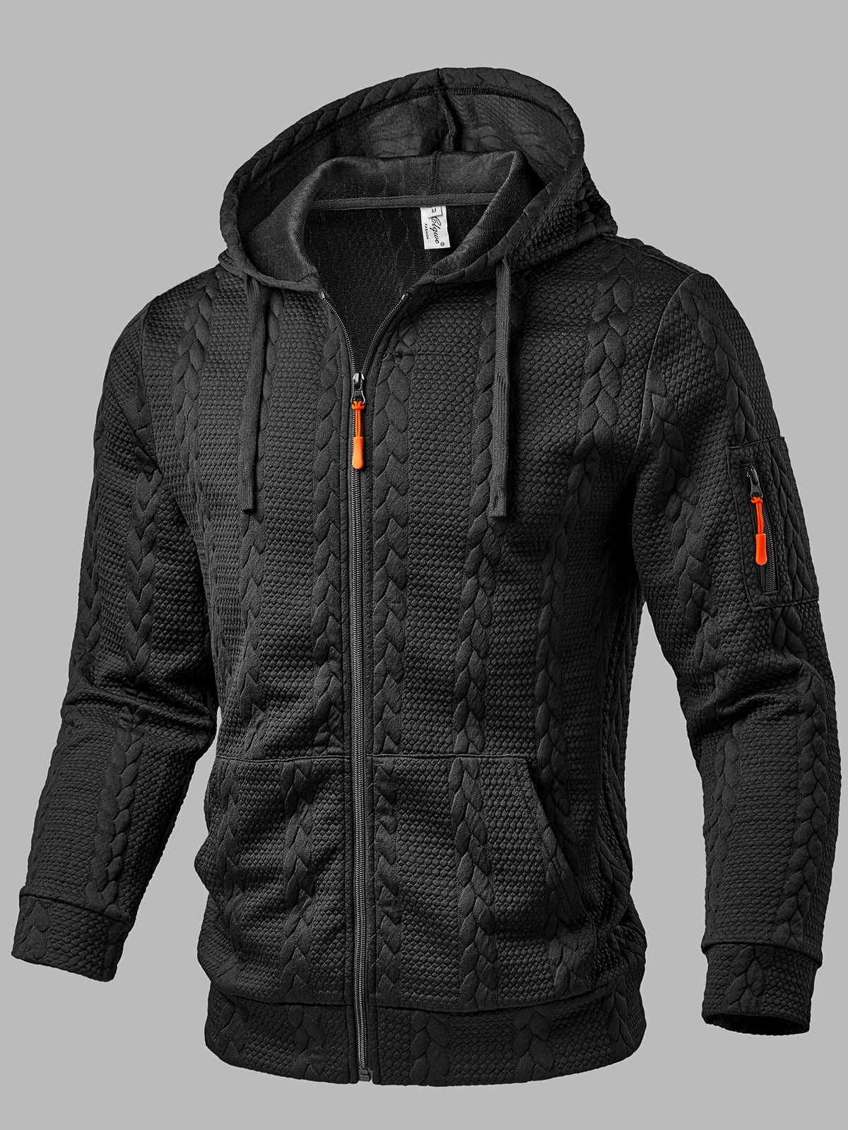Men'S Fashion Outerwear, Autumn Winter Random Wheat Ear Textured Jacquard Fabric, Hooded Drawstring Long Sleeve with Arm Pockets And Patchwork Jacket - Black