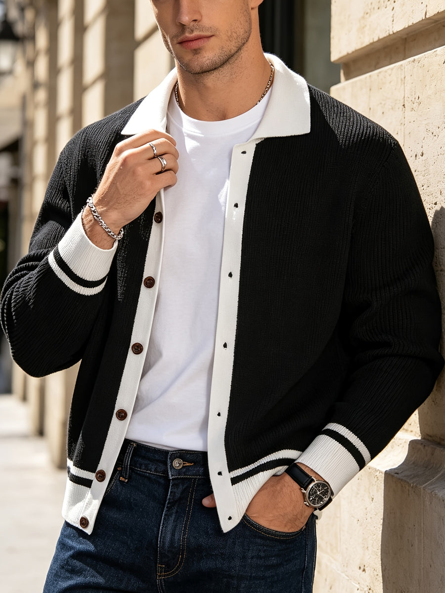 1pc Men'S Black And White Color-Block Soft Knit Fabric, Knit Cardigan Sweater, Lapel, Button-Front Closure, Striped Cuffs And Hem, Ribbed Texture, Business Casual Preppy Style, Autumn/Winter, Loose Regular Fit, Suitable for Daily Wear, Office - Black