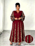 Plus Size Women'S Leopard Patchwork Long Dress, Long Puff Sleeve with Cutout V-Neck A-Line Maxi Skirt, Elegant Party Evening Gown - Burgundy