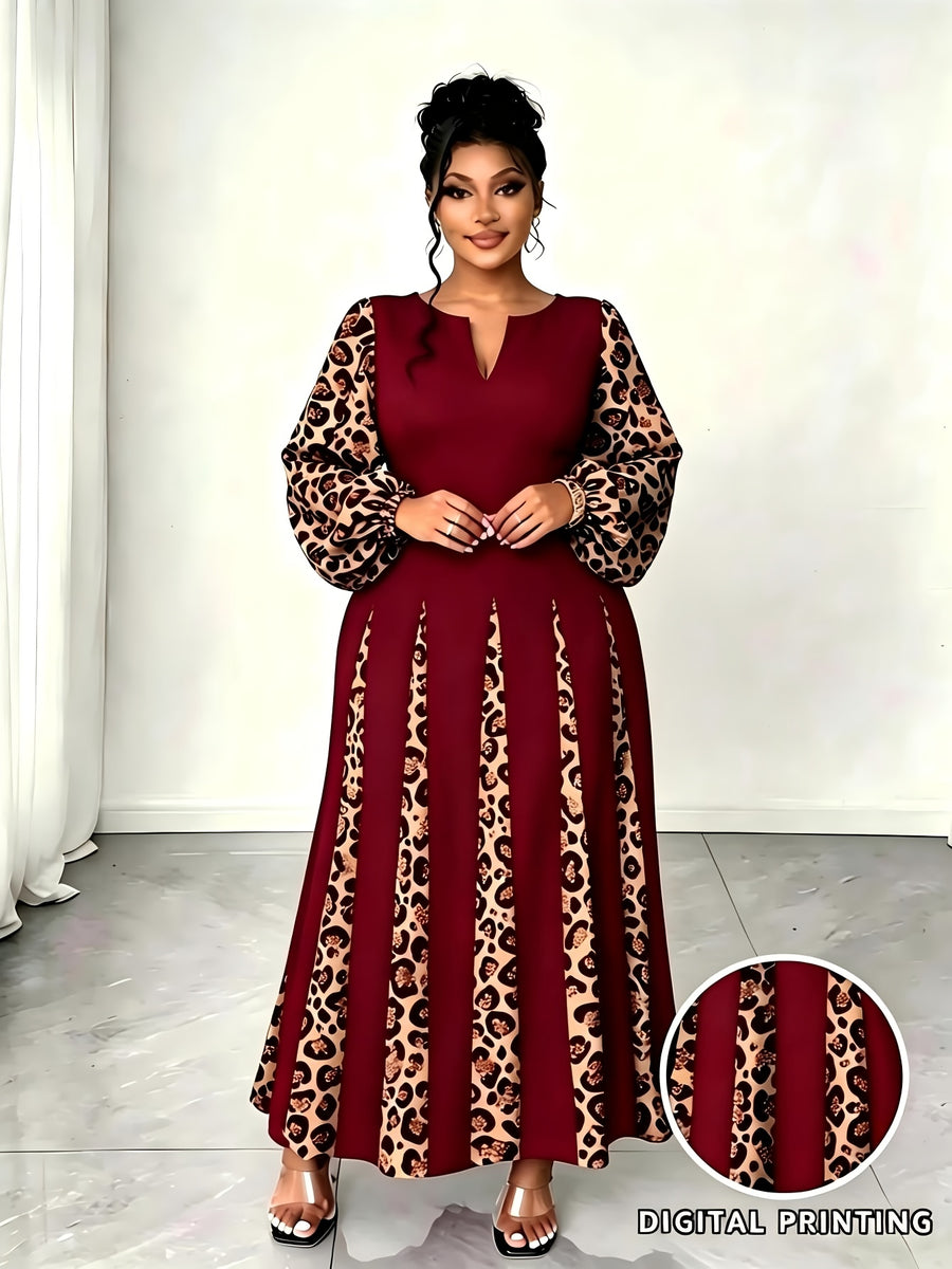 Plus Size Women'S Leopard Patchwork Long Dress, Long Puff Sleeve with Cutout V-Neck A-Line Maxi Skirt, Elegant Party Evening Gown - Burgundy