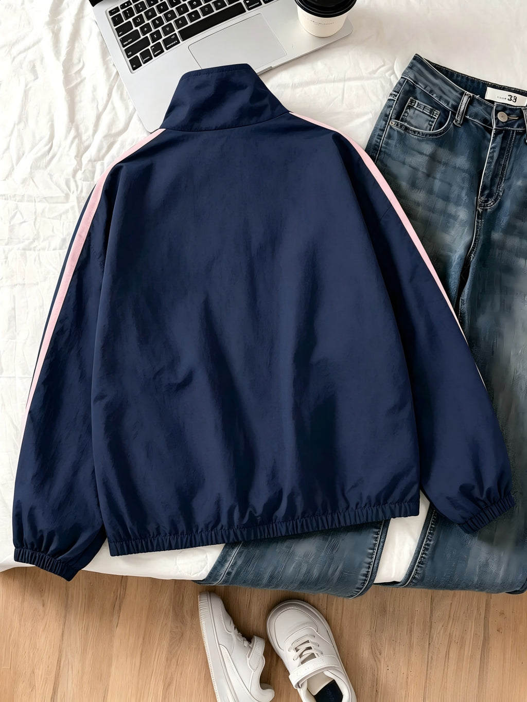 Women's Vintage College Bomber Jacket - Oversized Stand Collar Zipper Jacket with Chest Bow Embroidery, Two-Stripe Suitable for Casual Wear, Spring/Summer Swear, Unisex Couple's Outerwear, Machine Washable Loose Fit Jacket - Navy Color