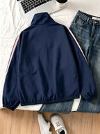 Women's Vintage College Bomber Jacket - Oversized Stand Collar Zipper Jacket with Chest Bow Embroidery, Two-Stripe Suitable for Casual Wear, Spring/Summer Swear, Unisex Couple's Outerwear, Machine Washable Loose Fit Jacket - Navy Color