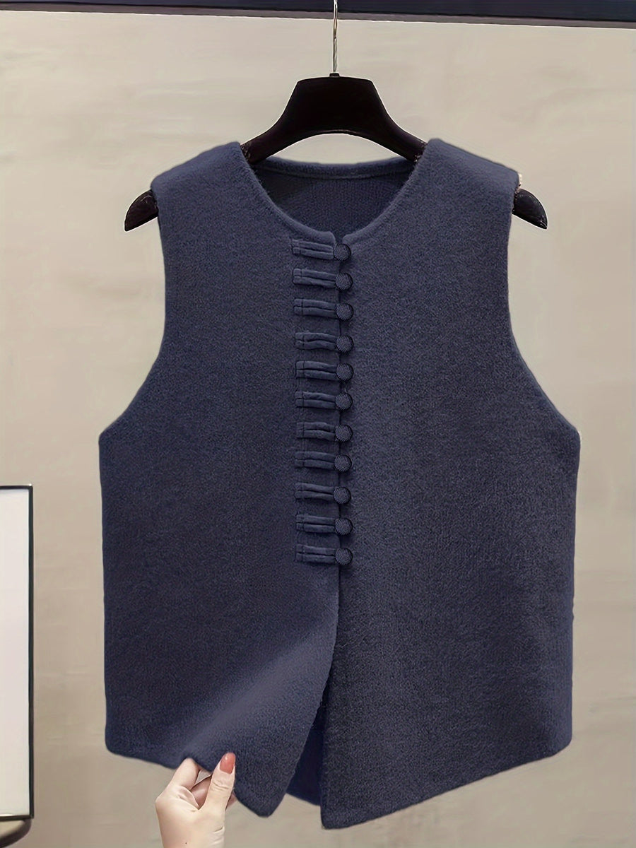 2026 New Women's Spring/Autumn New Chinese-Style Vintage Elegant Casual Solid Color Soft Sweater Vest Outerwear Jacket - Navy Color
