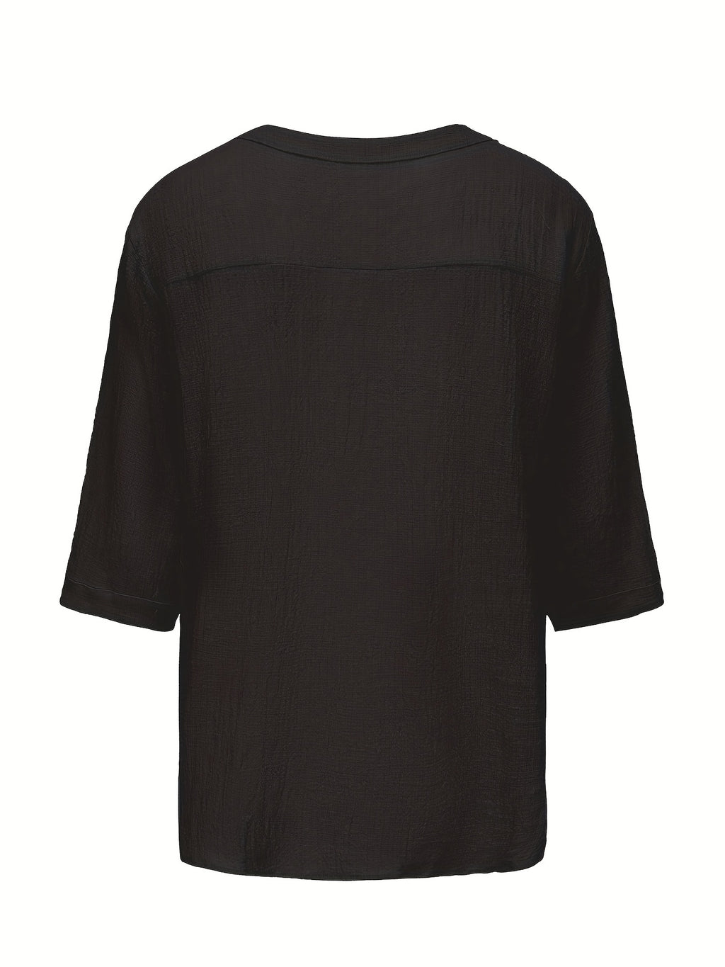 Men's Summer Casual V-Neck Breathable Short-Sleeve Fashion Drawstring Solid Color T-Shirt with Wrinkle Fabric - Black