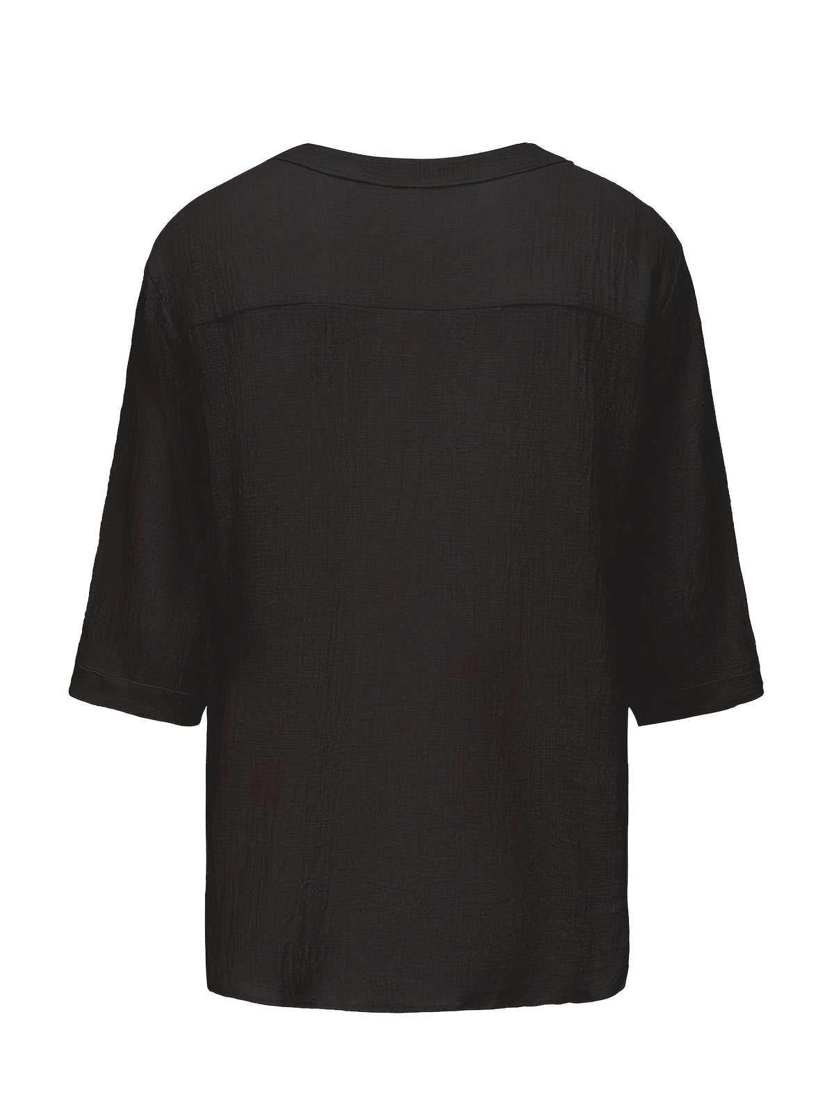 Men's Summer Casual V-Neck Breathable Short-Sleeve Fashion Drawstring Solid Color T-Shirt with Wrinkle Fabric - Black