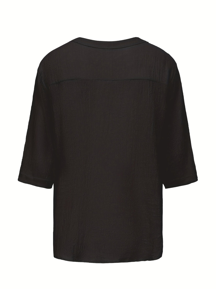 Men's Summer Casual V-Neck Breathable Short-Sleeve Fashion Drawstring Solid Color T-Shirt with Wrinkle Fabric - Black