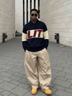 Autumn Winter Men'S Knit Sweater New American Color-Block Segmented Letter Jacquard Craft, Polo Neck Loose Drop Shoulder Long Sleeve Sweater, Casual Street Trendy Versatile Daily Party Wear - Navy Color