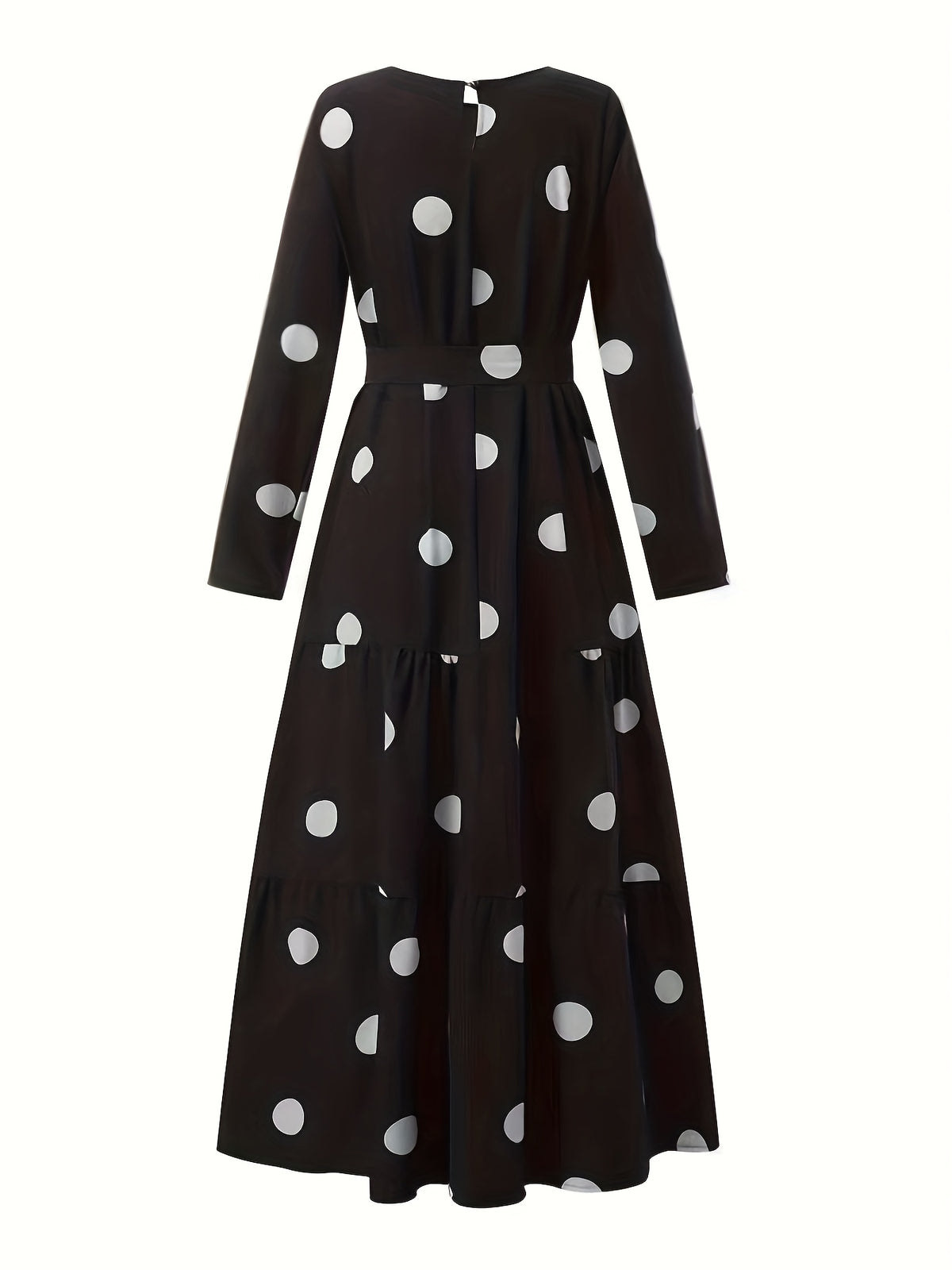 DJ0416110 Middle East Special Polka Dot Long Sleeve Belted Elegant Dress with Round Neck Long Robe - Black