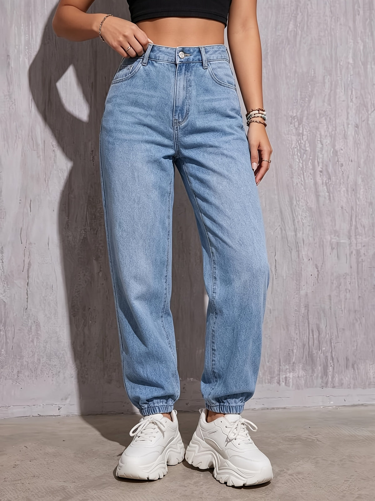 2026 New Comfortable High-Waist Ankle-Cinching Jeans, Casual All-Match Ankle-Cinching Women'S Jeans - Sky Blue