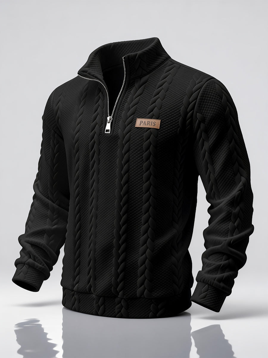 Men'S Casual Button-Up Half-Open Placket Patchwork Contrast-Colored Henley Shirt Long-Sleeved Spring And Autumn Men'S Top Outdoor Versatile Jacquard Sweater - Black