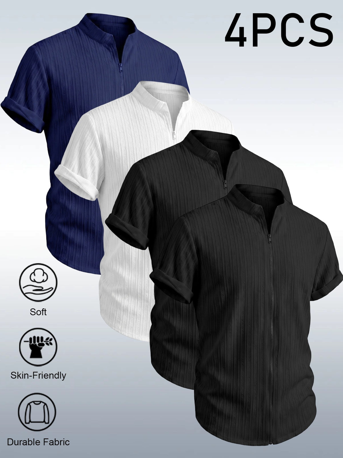4pcs Urban Minimalist Pinstripe Textured Men'S Short Sleeve Stand Collar Zipper Cardigan, Summer Lightweight Breathable Casual Jacket, Fashionable All-Match Zippered Short Sleeve Shirt, Vertical Pleated Textured Fabric - Black + Black + White + Navy Blue