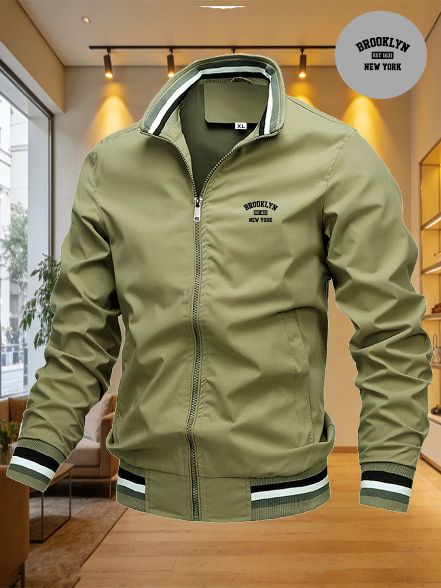 Lightweight Windproof Casual Coat with a Vintage Baseball Collar for Men, Inspired by Brooklyn, New York - Olive Green
