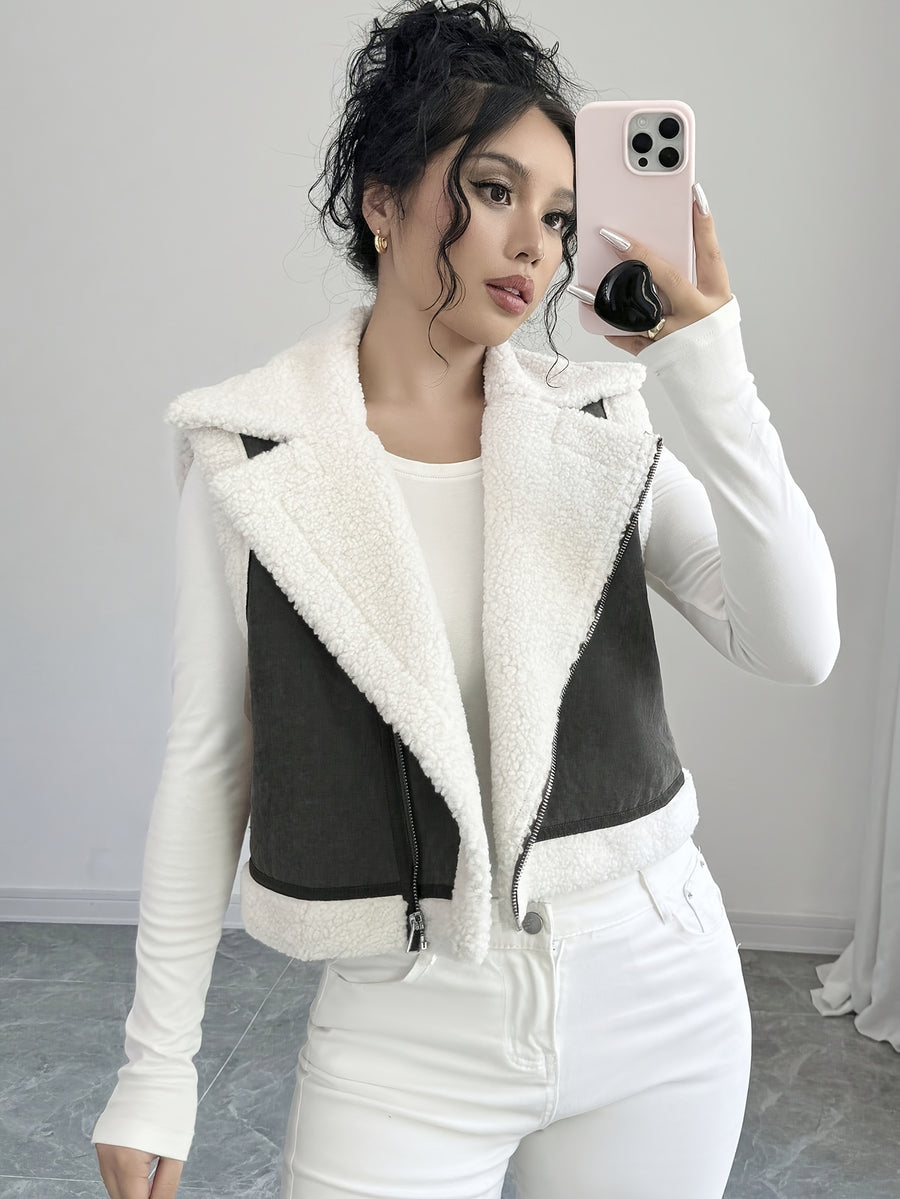 Women's Short Faux Lamb Sleeveless Vest Coat - Deep Grey