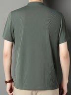 SaXing OBM New Spring/Summer Men's Polo Shirt, Solid Color Textured Ribbed Cable Knit Half-Placket Zipper Style Stand Collar Short Sleeve T-Shirt, Men's Business Casual Fashionable Breathable Versatile Henley Knit Pullover Base Layer Top - Dark Green