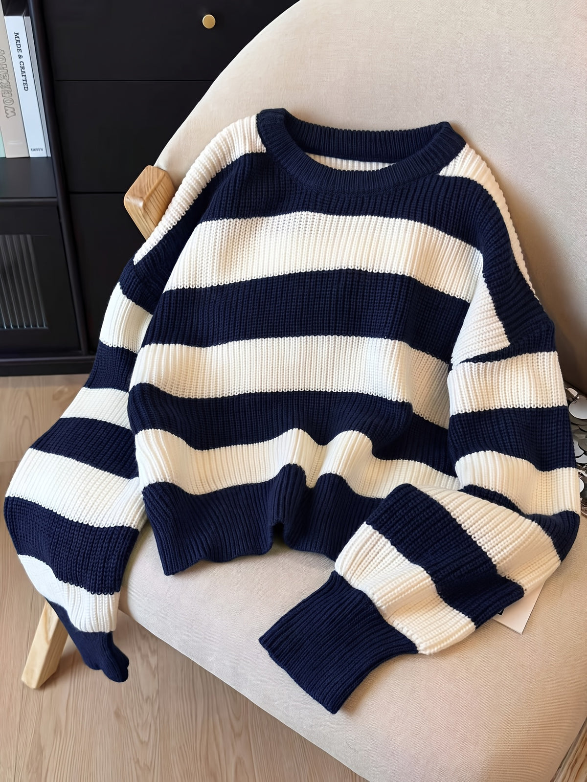 Women'S Spring Autumn Sweater, Color-Block Striped Contrast Round Neck Long Sleeve Top, Loose Casual All-Match Daily Wear - Navy Color