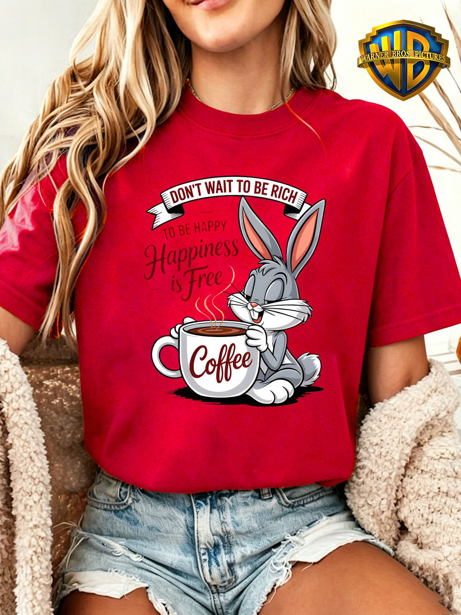 Genuine Le Yitong Rabbit 8-Ball Coffee Theme Women'S Short Sleeve, Vintage English Slogan Cartoon Print American Casual All-Match Daily T-Shirt Top - Red