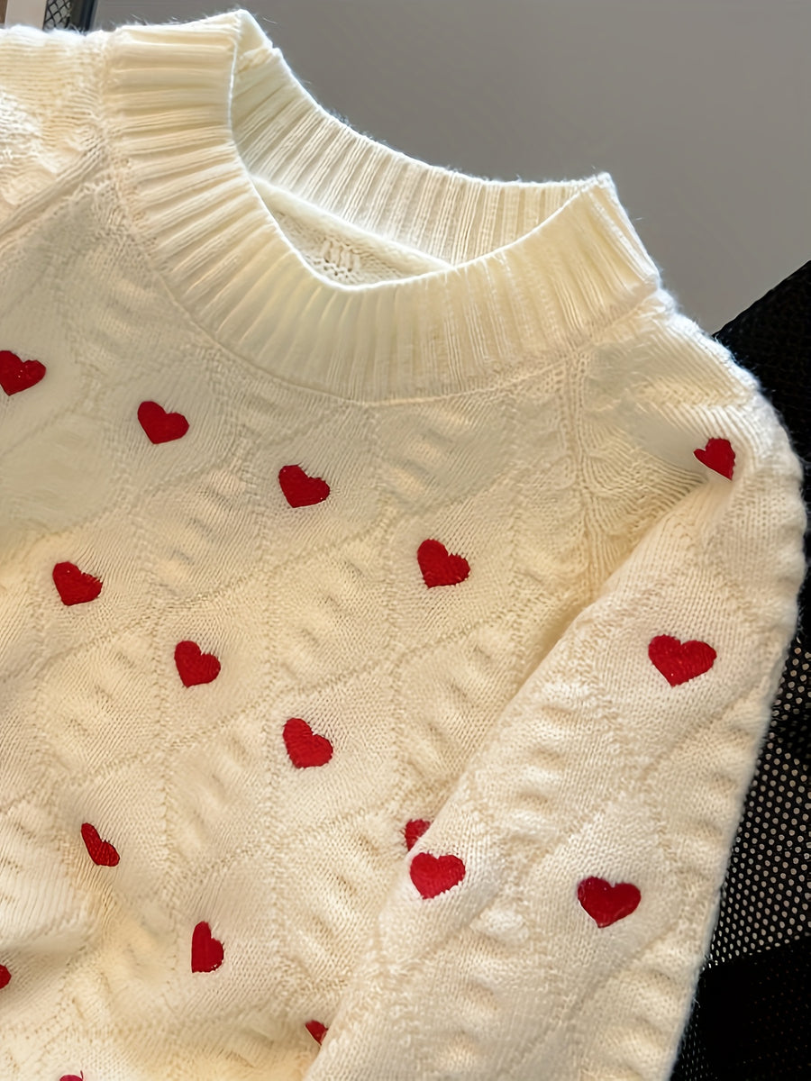 Comfortable Heart-pattern Pullover Round-neck Sweater for Autumn and Winter - White