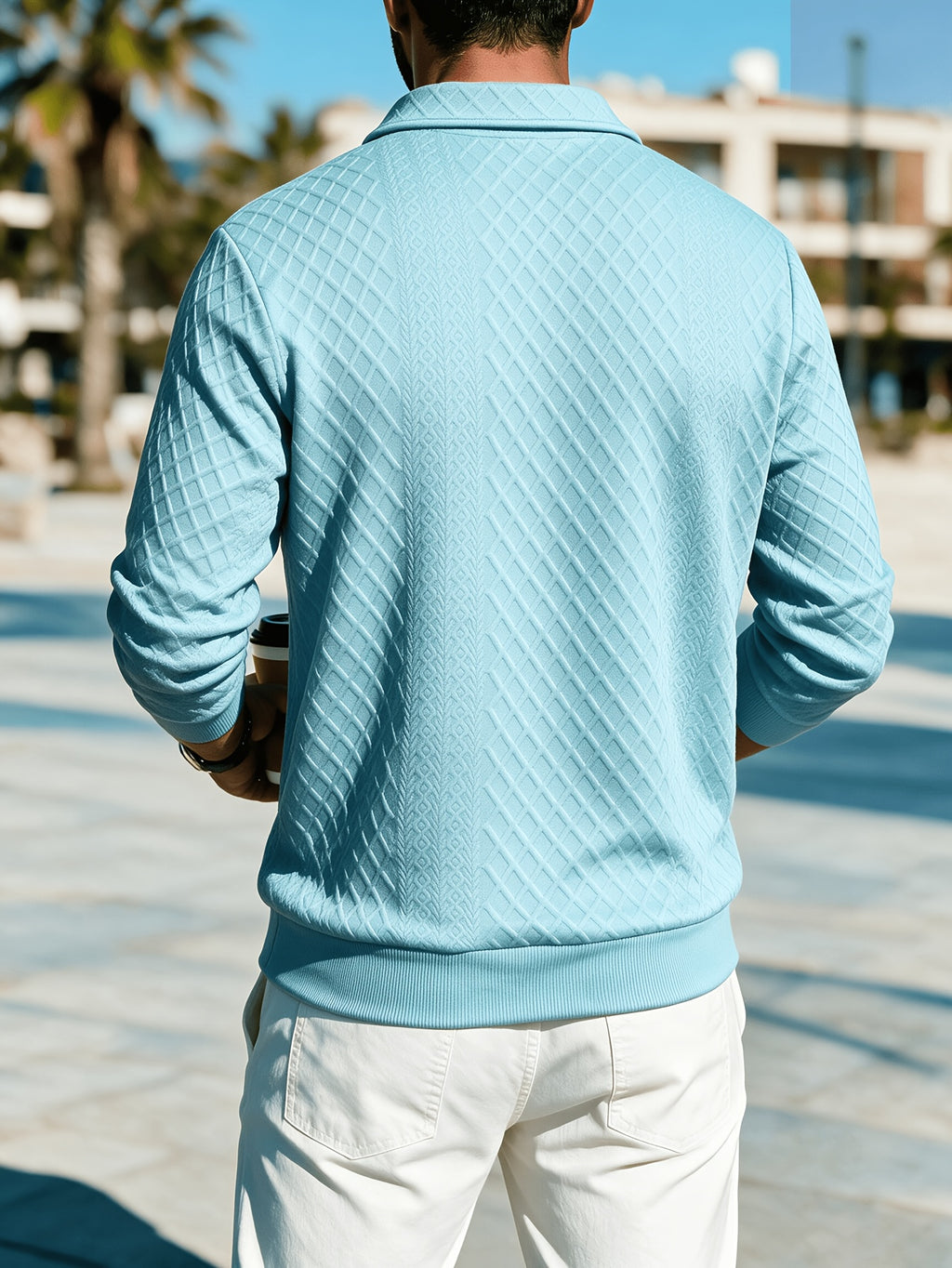Premium Rhombus Men's Long Sleeve Polo Shirt with Notched Lapel and Small V-Neck Design, a Top for Men's Commuting and Party Wear (Texture Random) - Light Blue