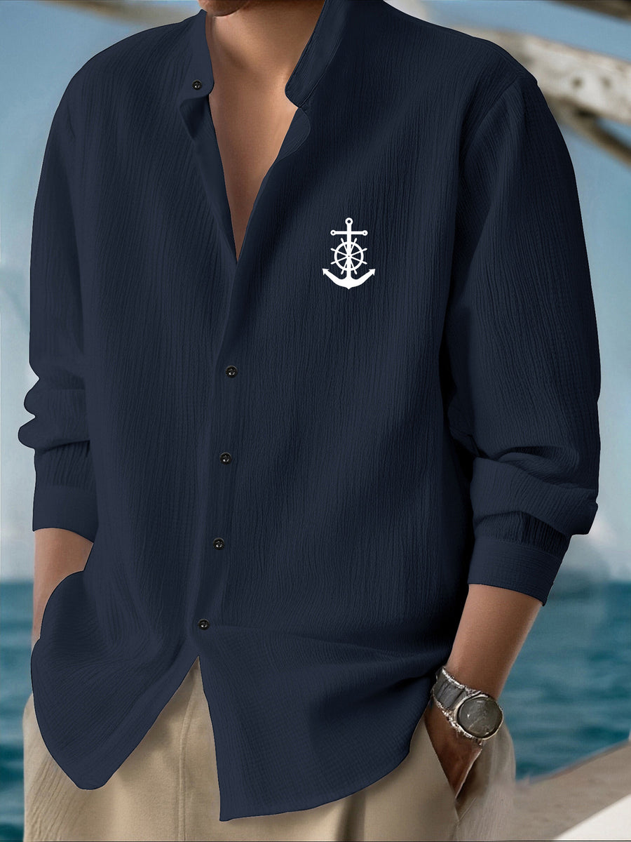 Men'S Casual Lightweight Long Sleeve Shirt - Autumn Quick-Dry Breathable Material Quality Fabric, Print Pattern - Stand Collar Design Button-Up Top, Suitable for Vacation And Commute, Formal Casual Shirt - Trendy Fashion Streetwear Men'S Clothing - Navy Color