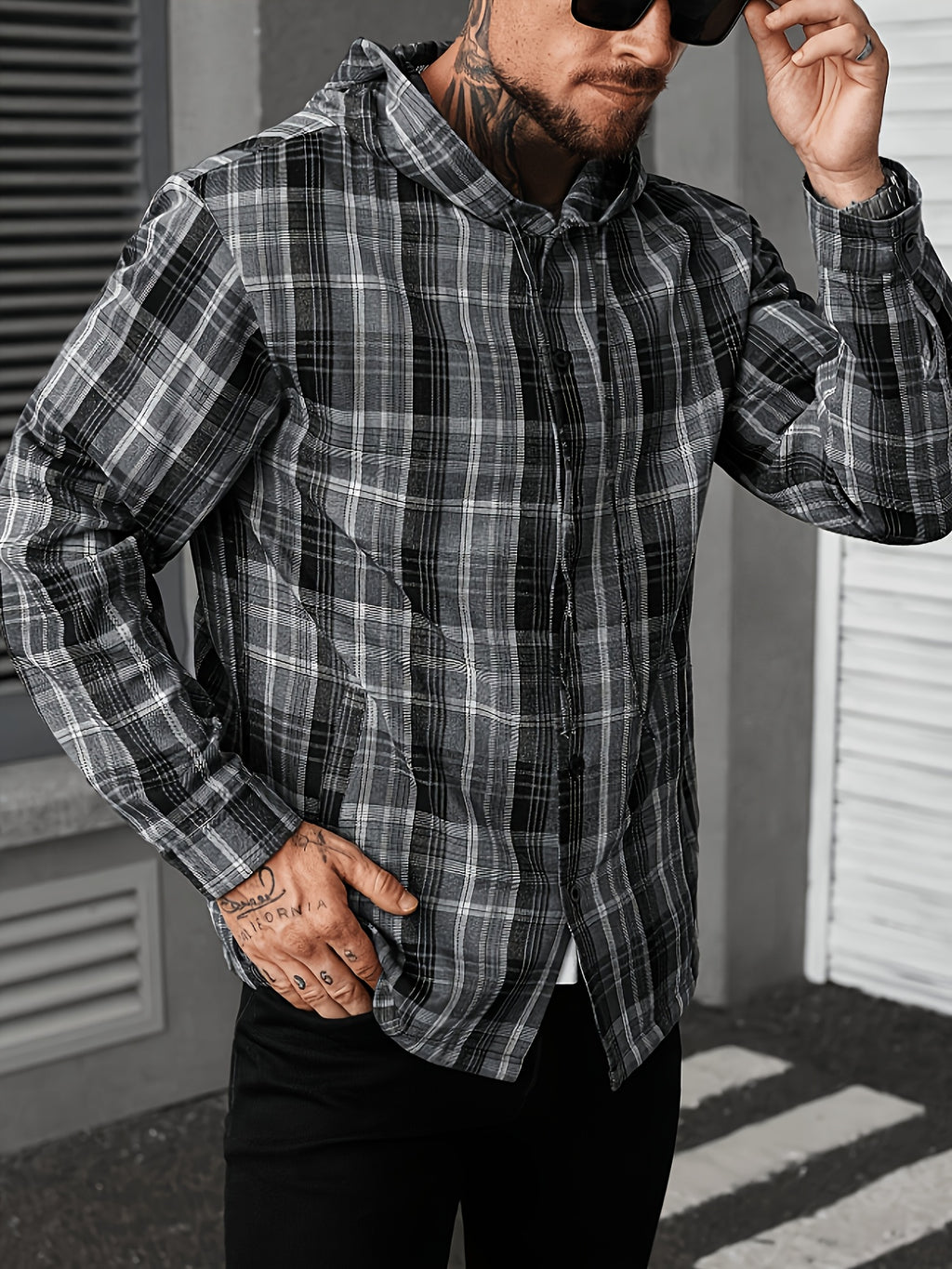 Men'S Black Gray Plaid Hooded Long Sleeve Shirt Jacket, Casual Loose Lapel Single-Button Top, Street Retro Daily Commute Layering Jacket - Black