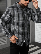 Men'S Black Gray Plaid Hooded Long Sleeve Shirt Jacket, Casual Loose Lapel Single-Button Top, Street Retro Daily Commute Layering Jacket - Black